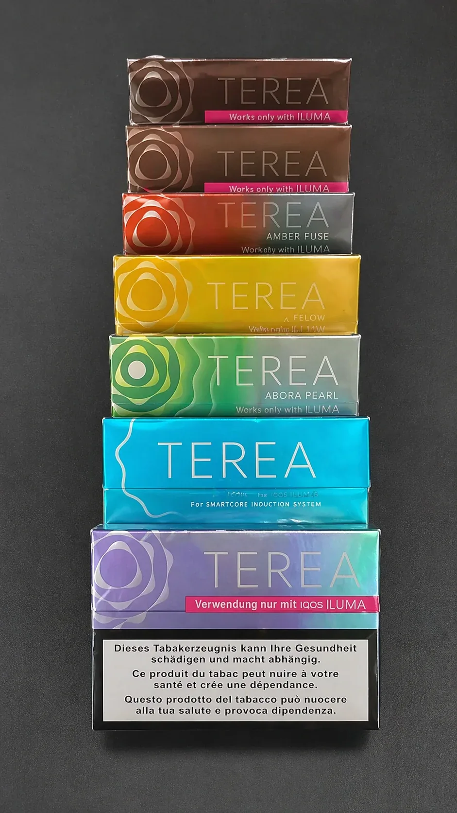 IQOS TEREA flavor comparison chart showing tobacco, menthol and fruit menthol variants